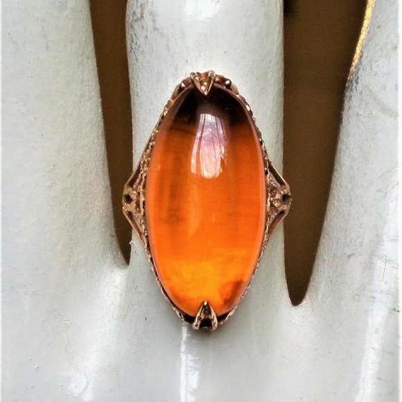 Russian USSR Original 14K 583 Rose Pink Gold Baltic Honey Amber Cocktail Ring - Picture 3 of 10